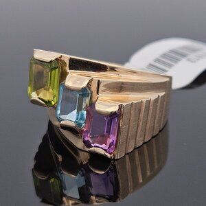 14K Yellow Gold Amethyst Blue Topaz Peridot Wide Band Mother's Ring Size 7.75